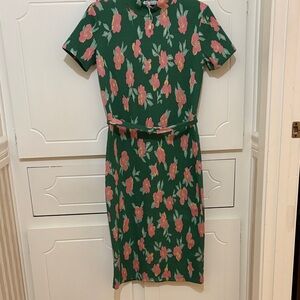 ZARA Green Floral Short Sleeve Belted Dress